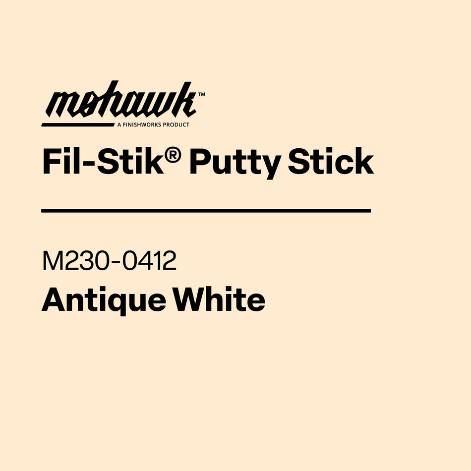 Label for Mohawk Fil-Stik Putty Stick in Aged Papyrus color on a gray background