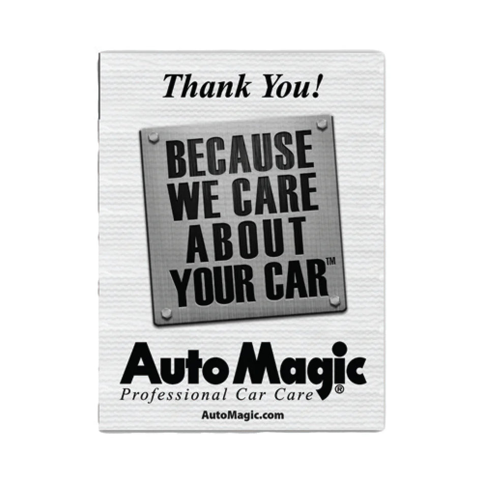 A package of AutoMagic floor mat covers with the text 'Thank you! Because we care about your car' printed on it, indicating the brand's appreciation for the car owner.