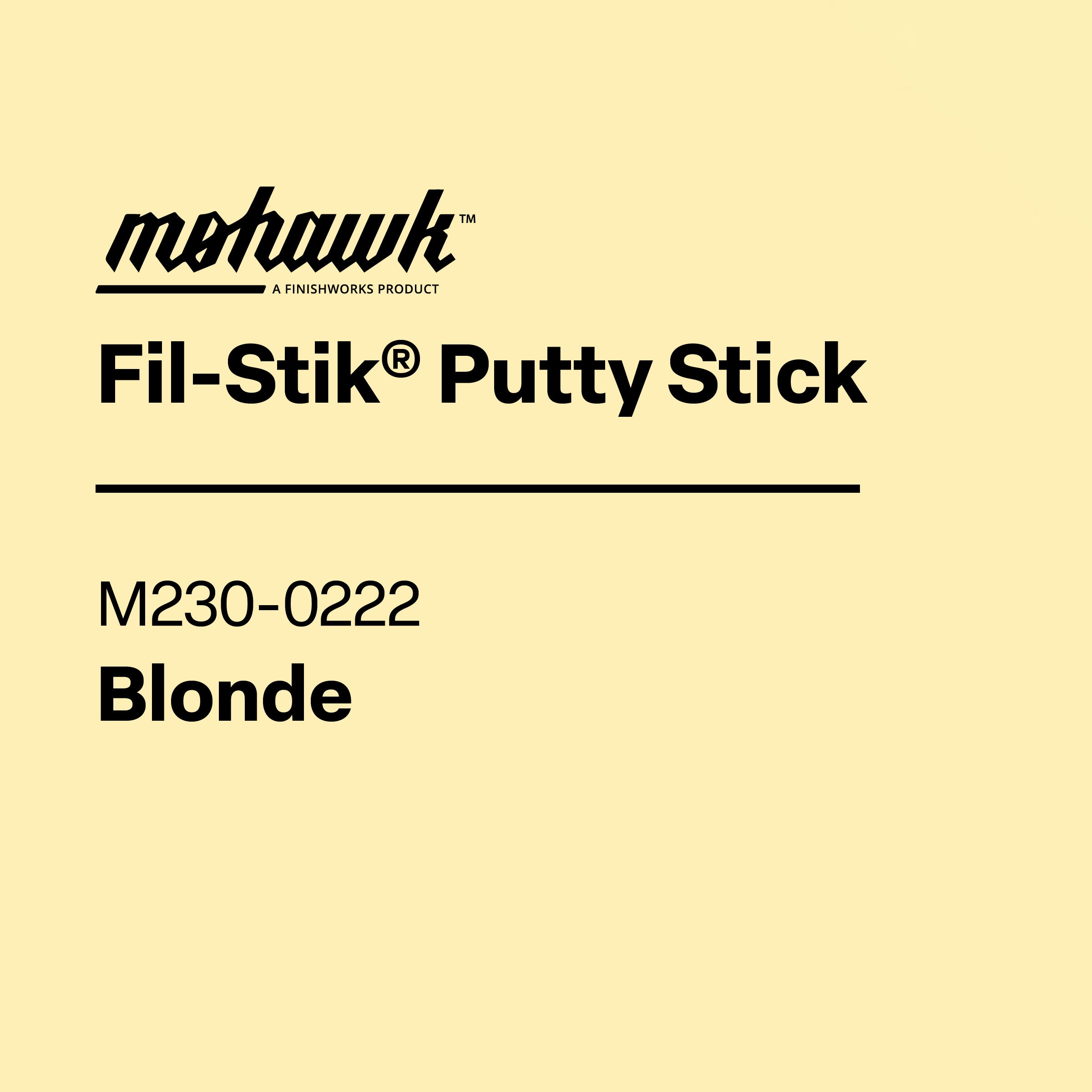Mehawk Fil-Stik Putty Stick label on a beige background