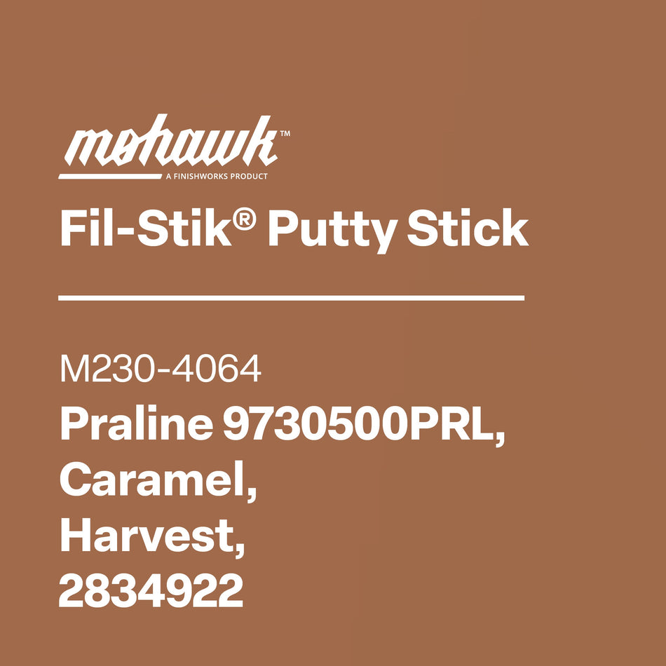 Mohawk Fil-Stik Putty Stick packaging with product details on a brown background