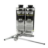Two cans of Raptor protective coating with a metal rod on a white background