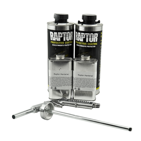 Two cans of Raptor protective coating with a metal rod on a white background