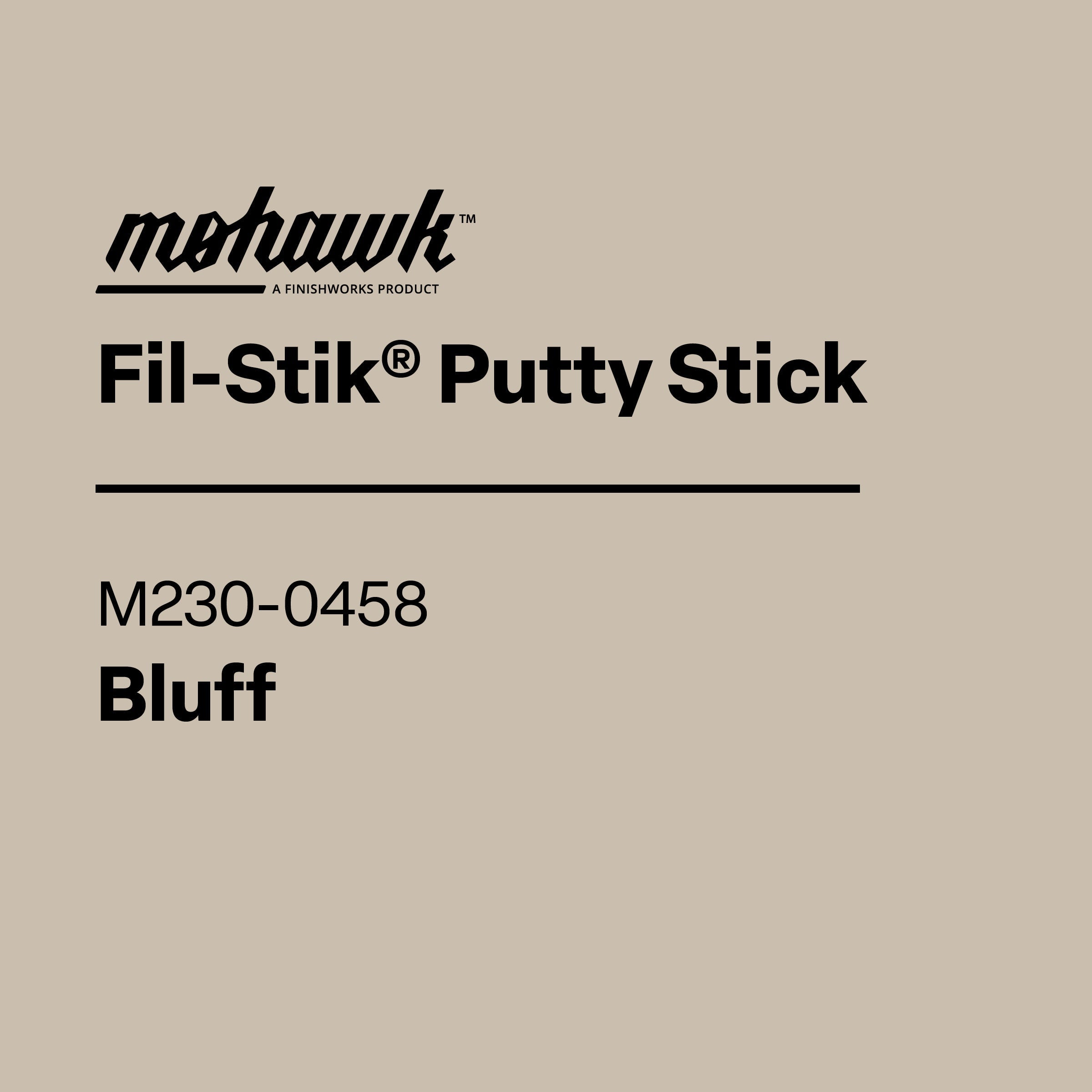 Mehawk Fil-Stik Putty Stick label on a beige background