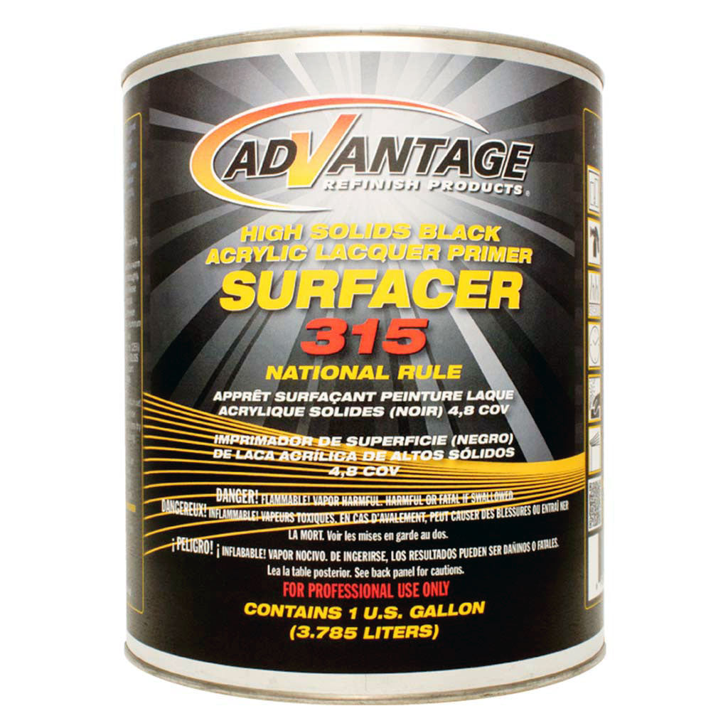Can of Advantage Surfacers 315 high solids black acrylic lacquer primer on a white background