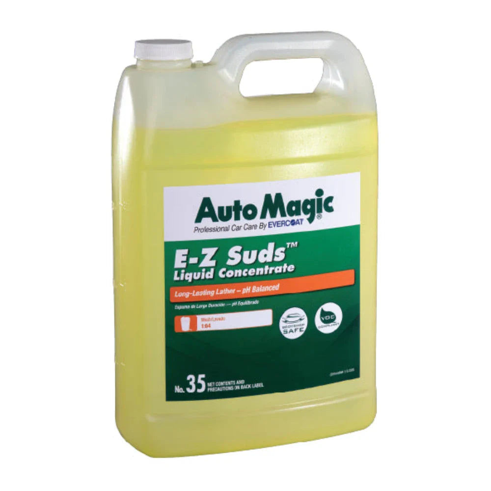 A yellow plastic container of AutoMagic EZ Suds-Liquid Concentrate car wash soap with green and white labeling.