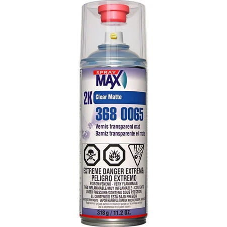 A can of Spray Max 2K Clear Matte vehicle spray paint with red cap.