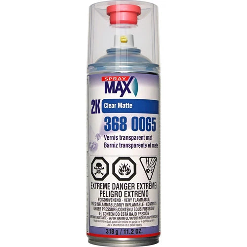 A can of Spray Max 2K Clear Matte vehicle spray paint with red cap.
