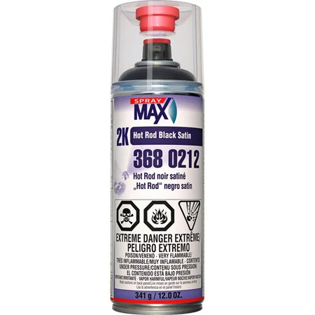 A can of 2K Hot Rod Black satin vehicle paint by Spray Max. The label includes the product name, number 368212, and hazard warnings.