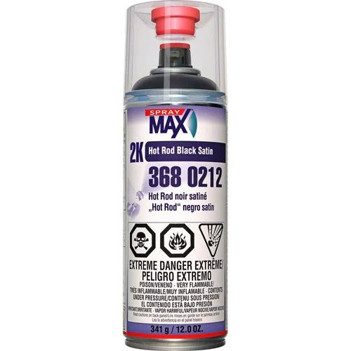 A can of 2K Hot Rod Black satin vehicle paint by Spray Max. The label includes the product name, number 368212, and hazard warnings.