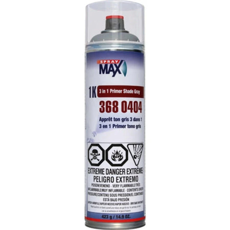 A can of Spray Max 1K 3-in-1 Primer in gray color, labeled as 'Extreme Danger - Peligro Extremo' with hazard symbols, indicating it serves as an adhesive, primer, and corrosion protector.