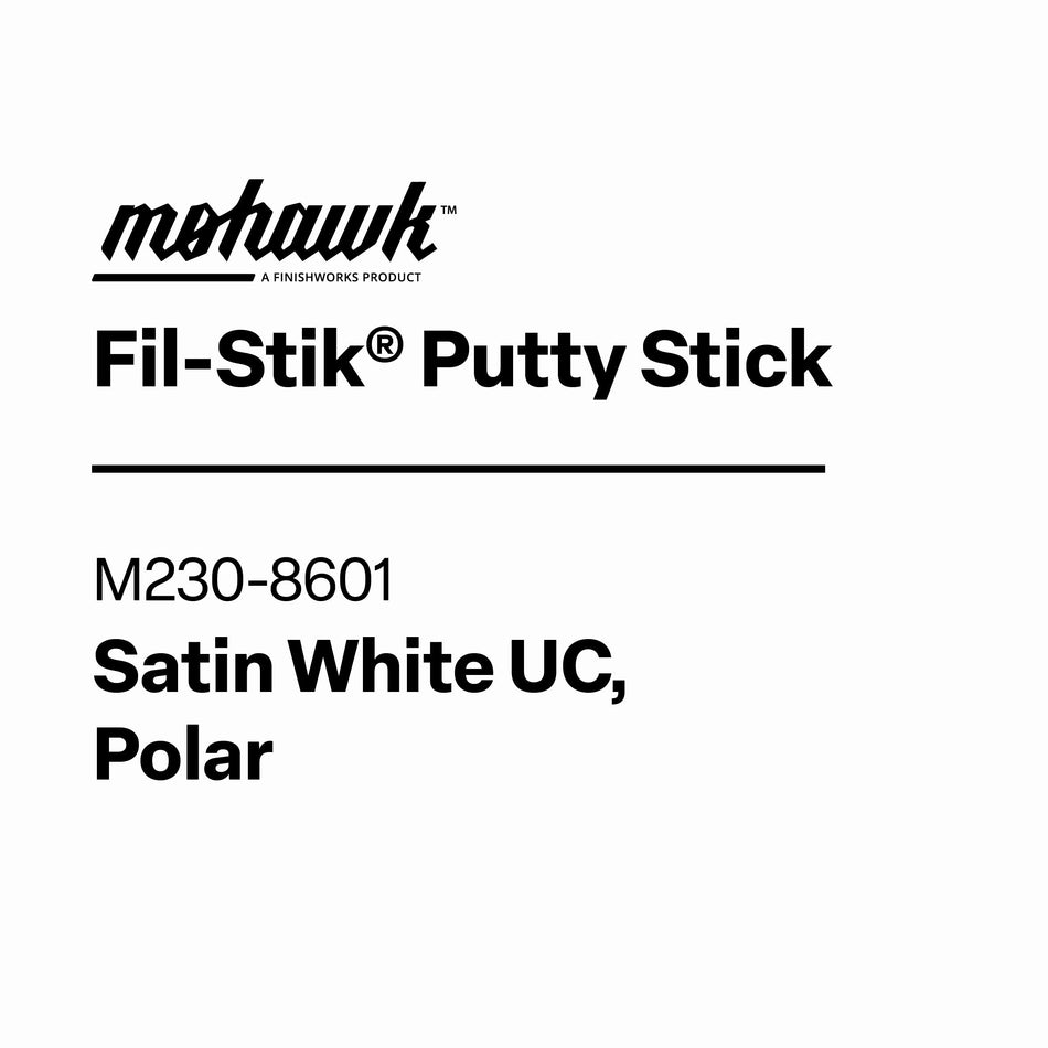 Product label for Mohawk Fil-Stik Putty Stick in Satin White UC, Polar on a white background.