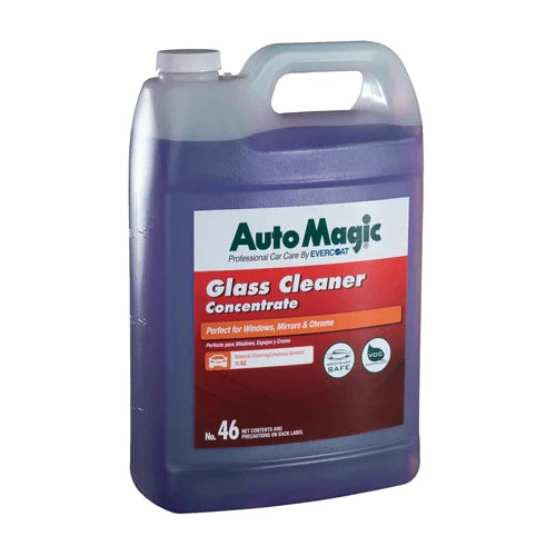 A plastic container of AutoMagic Glass Cleaner Concentrate with a purple label, designed for cleaning automotive and household glass surfaces.