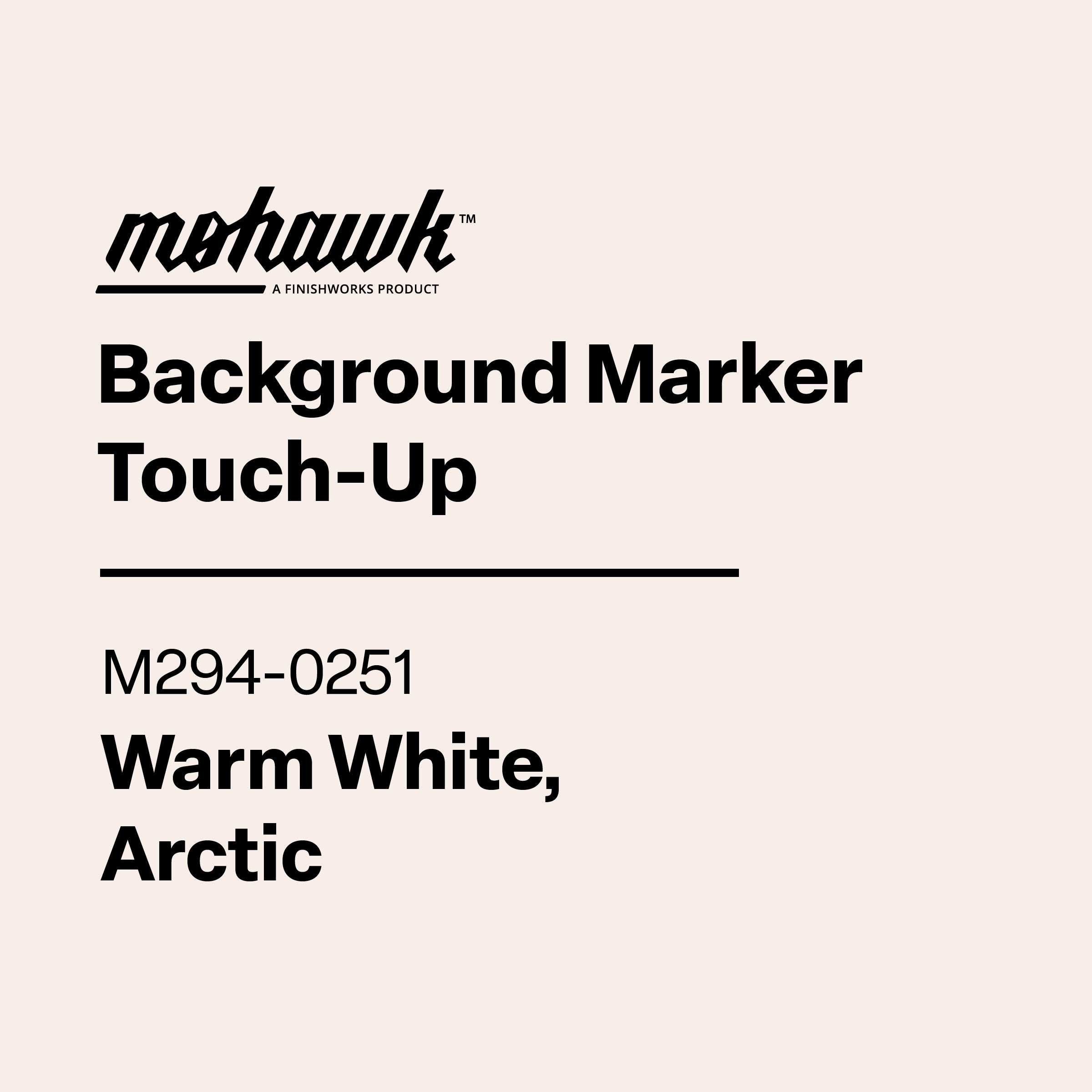 Product label for Mohawk Background Marker Touch-Up in Warm White, Arctic color on a beige background