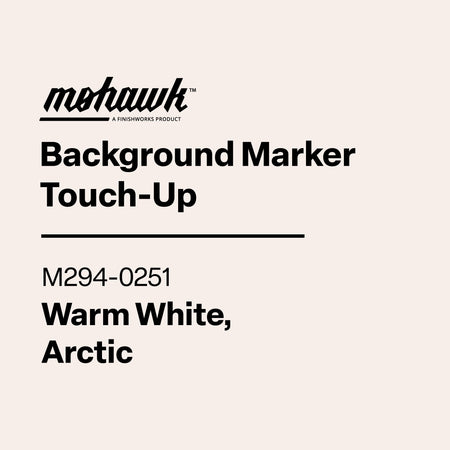 Product label for Mohawk Background Marker Touch-Up in Warm White, Arctic color on a beige background