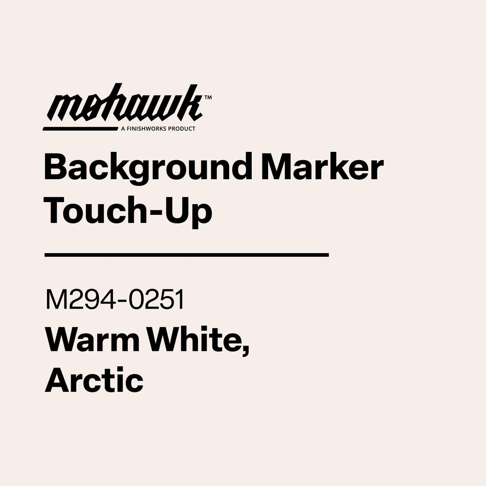 Product label for Mohawk Background Marker Touch-Up in Warm White, Arctic color on a beige background