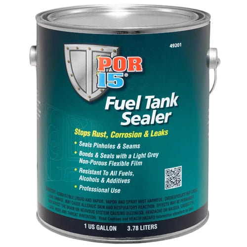 A can of POR-15 Fuel Tank Sealer with product details and branding on the label.