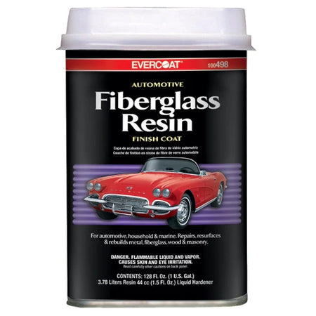 A container of Evercoat Automotive Fiberglass Resin with a picture of a red car on the label, indicating it is used for automotive repairs and maintenance.
