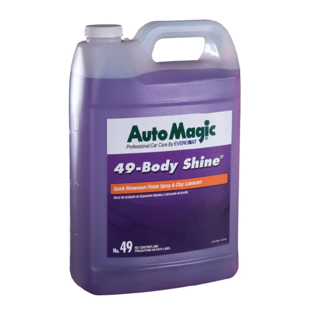 A purple plastic gallon container of Auto Magic Body Shine, designed for giving a quick showroom finish to vehicle surfaces.