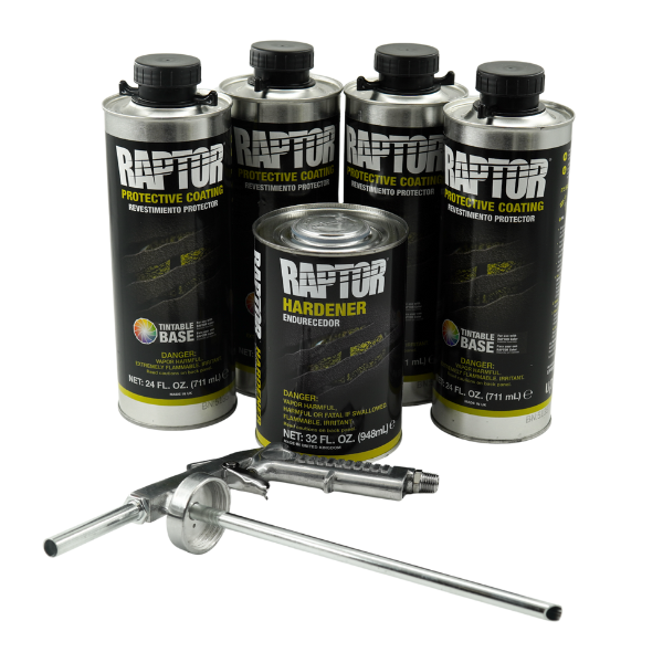 Set of Raptor protective coating cans with a hardener can and spray guns on a white background