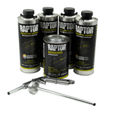 Set of Raptor protective coating cans with a hardener can and spray guns on a white background