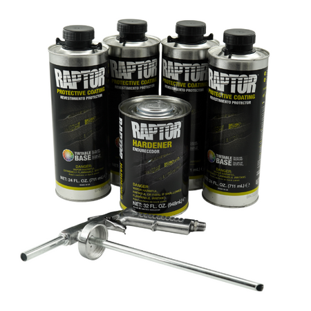 Set of Raptor protective coating cans with a hardener can and spray guns on a white background