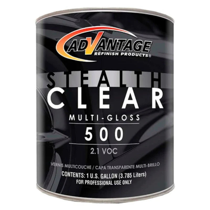 A can of Advantage Stealth Clear Multi-Gloss 500 clear coat for automotive refinishing.