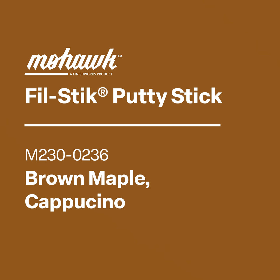 Mohawk Fil-Stik Putty Stick packaging with product name and color on a brown background