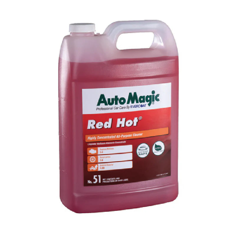 A red plastic container labeled 'AutoMagic Red Hot' All-Purpose Cleaner with product details and branding.
