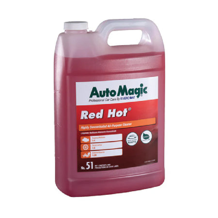 A red plastic container labeled 'AutoMagic Red Hot' All-Purpose Cleaner with product details and branding.