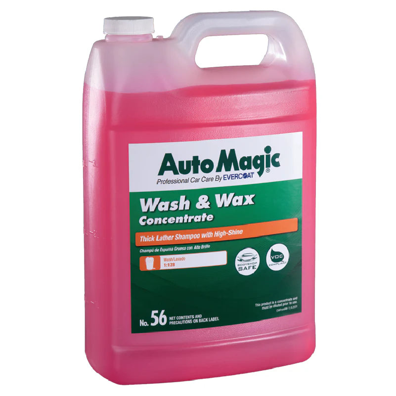 A pink plastic container of AutoMagic Wash & Wax Concentrate with a label that includes the product name and the number 56.