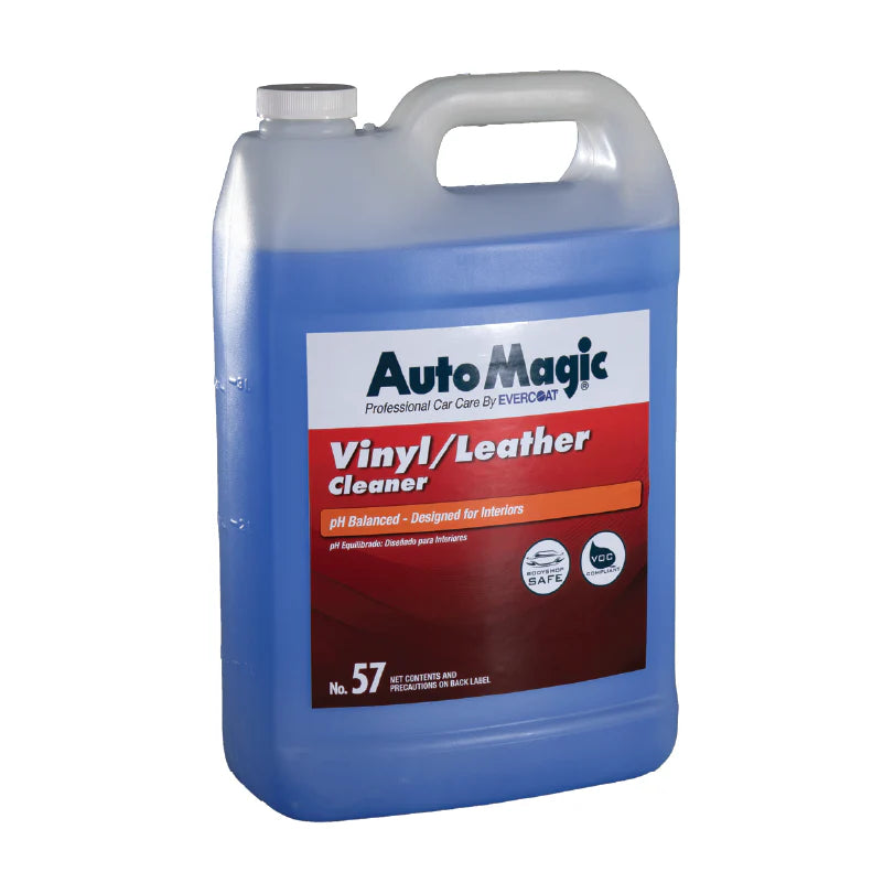 A blue plastic container of AutoMagic Vinyl/Leather Cleaner with a white label that includes the product name and branding.