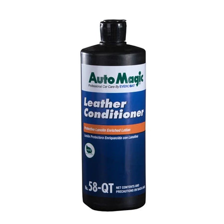 A bottle of AutoMagic Leather Conditioner with a label that includes the product name and the fact that it is protective lanolin enriched lotion.