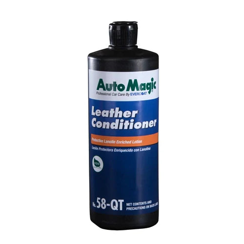 A bottle of AutoMagic Leather Conditioner with a label that includes the product name and the fact that it is protective lanolin enriched lotion.