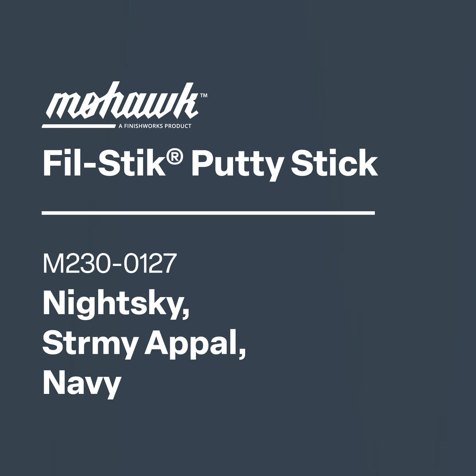 Mohawk Fil-Stik Putty Stick label with color options on a dark blue background