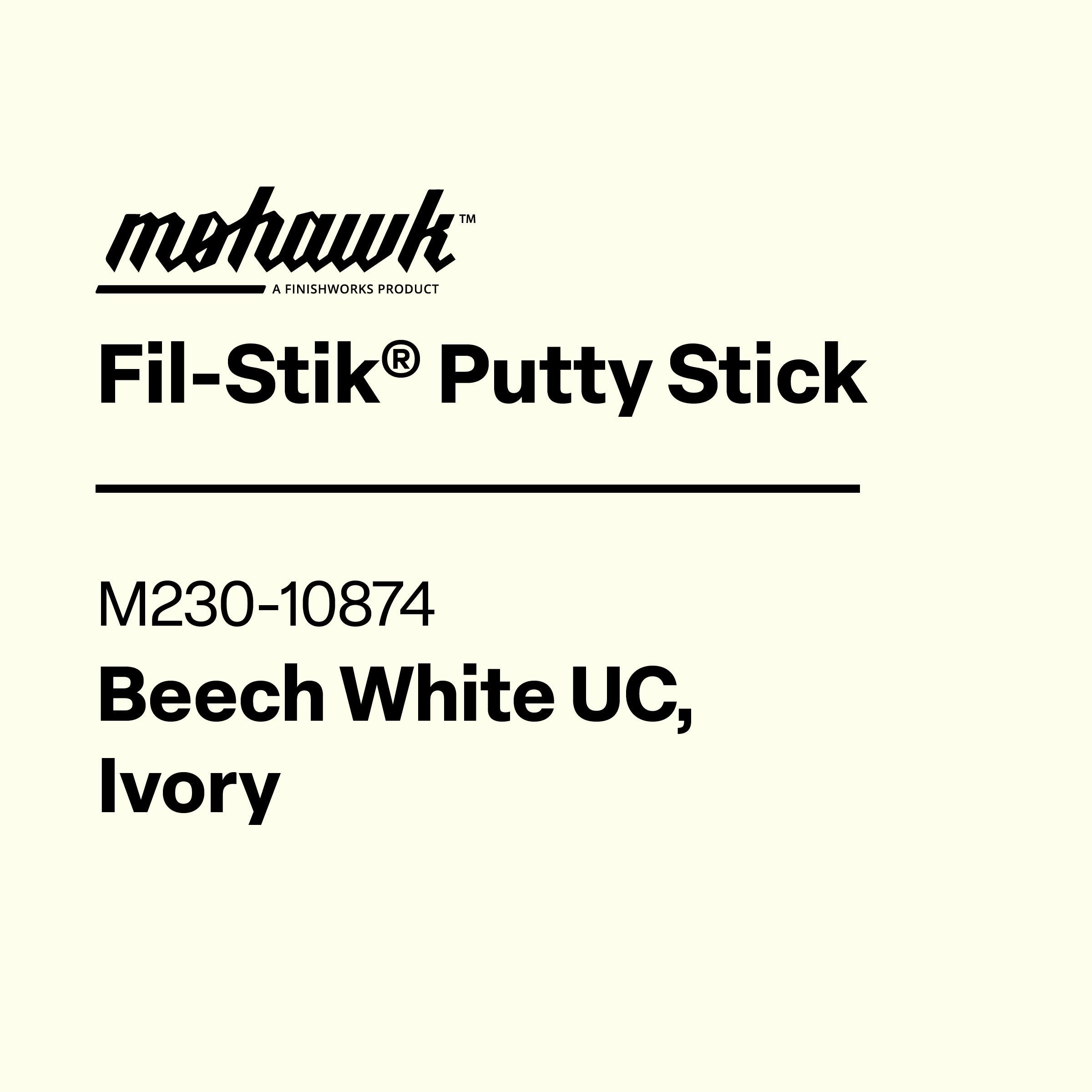 Product label for Mohawk Fil-Stik Putty Stick in Satin White UC, Polar on a white background.