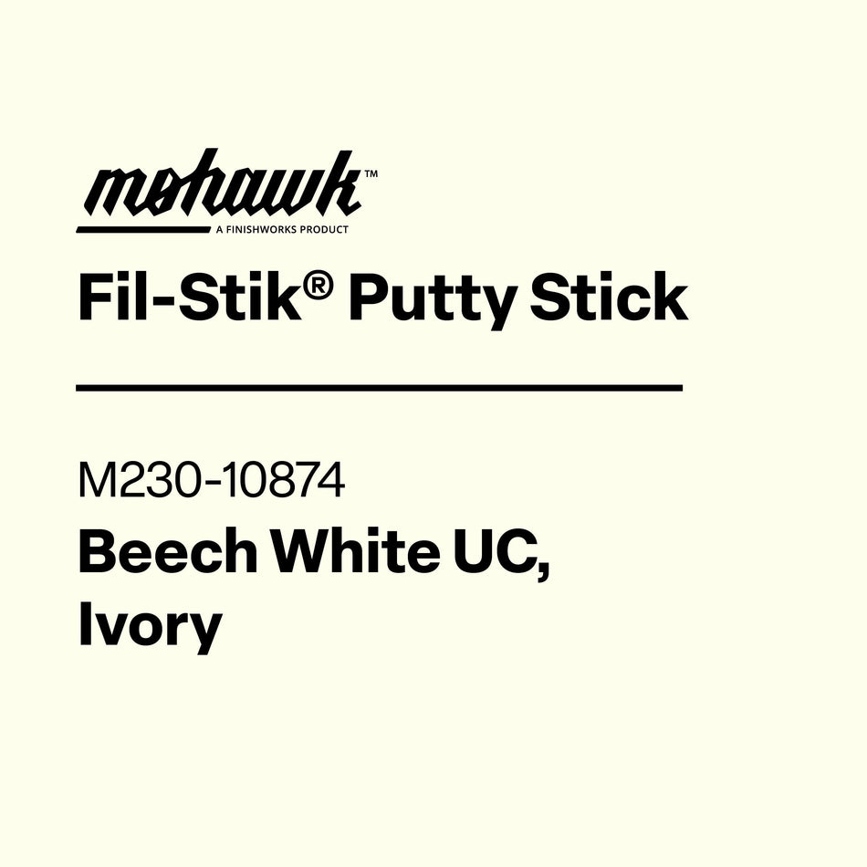 Product label for Mohawk Fil-Stik Putty Stick in Satin White UC, Polar on a white background.