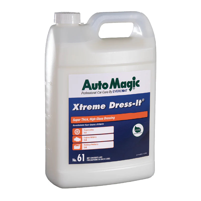 A white plastic container of AutoMagic Xtreme Dress-It, high gloss dressing for tires and rubber trim.