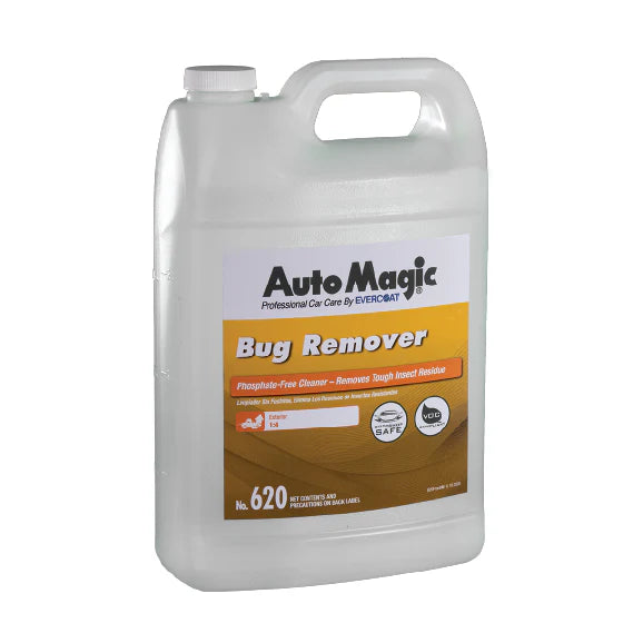 A white plastic bottle of AutoMagic Bug Remover with brown label detailing the product name and description.