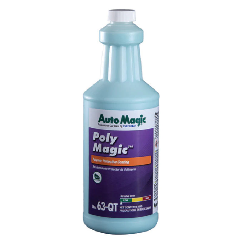 A bottle of AutoMagic Poly Magic Polymer Protective Coating, primarily blue in color with product details.