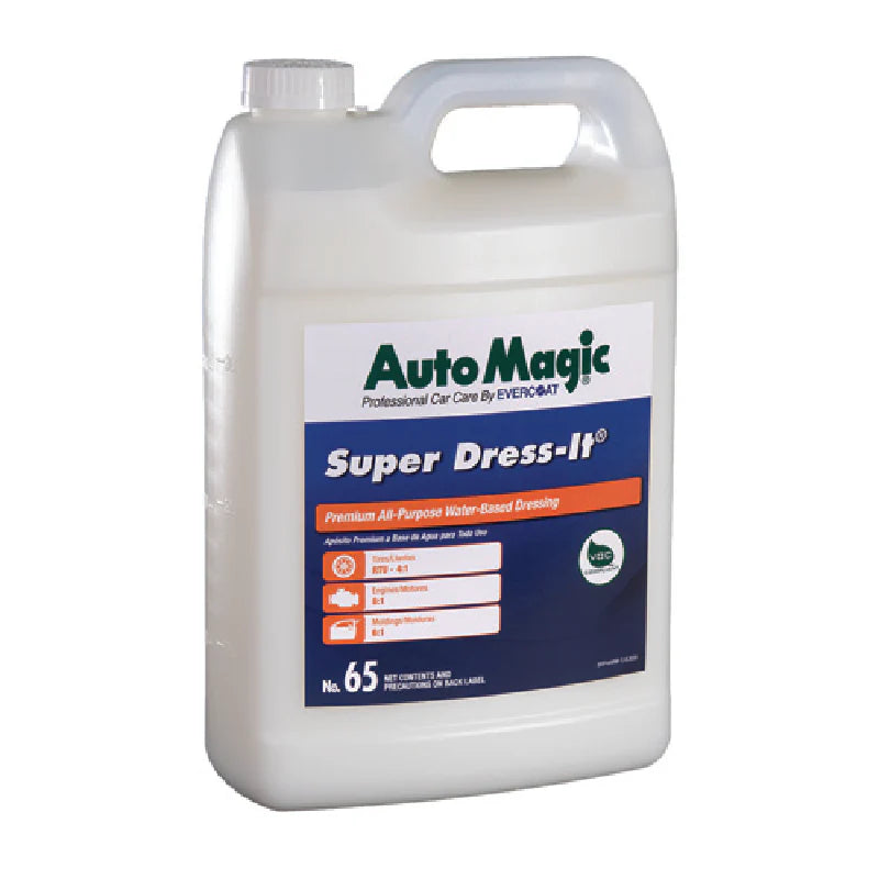 A white plastic container labeled 'AutoMagic Super Dress-It' with blue and orange text, and a green cap.