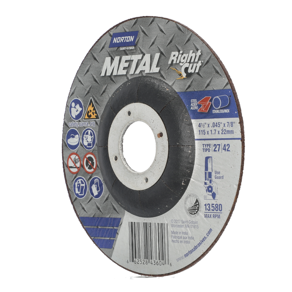 Norton Metal 4-1/2 x 0.045 x 7/8 in Metal Type 42 Cut-Off Wheel AO 36 Grit Q B 66252843604 25 EA