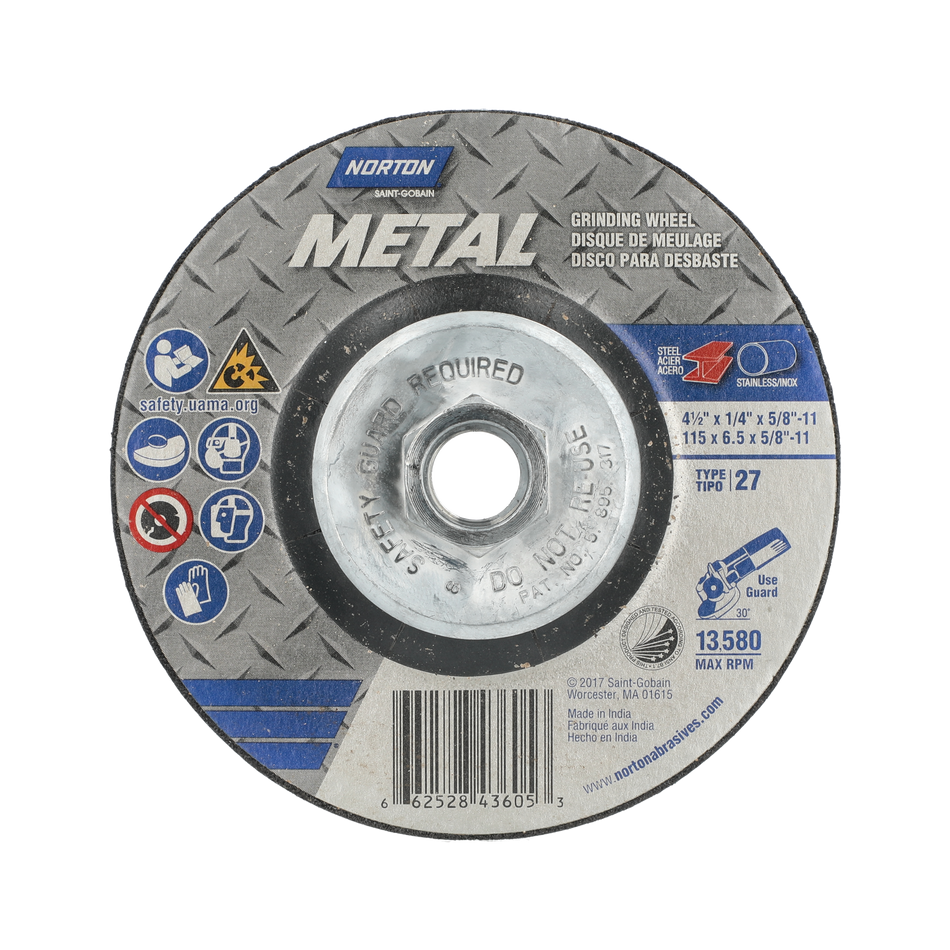 Norton Metal 4-1/2 in x 1/4 in x 5/8 in-11 Metal Type 27 Grinding Wheel AO 24 Grit Q B 66252843605 10 EA