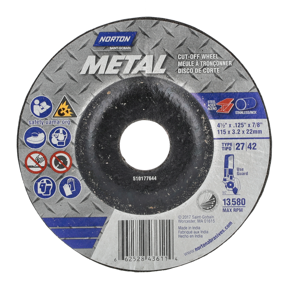 Norton Metal 4-1/2 x 1/8 x 7/8 in Metal Type 27 Grinding Wheel AO 24 Grit Q B 66252843611 25 EA