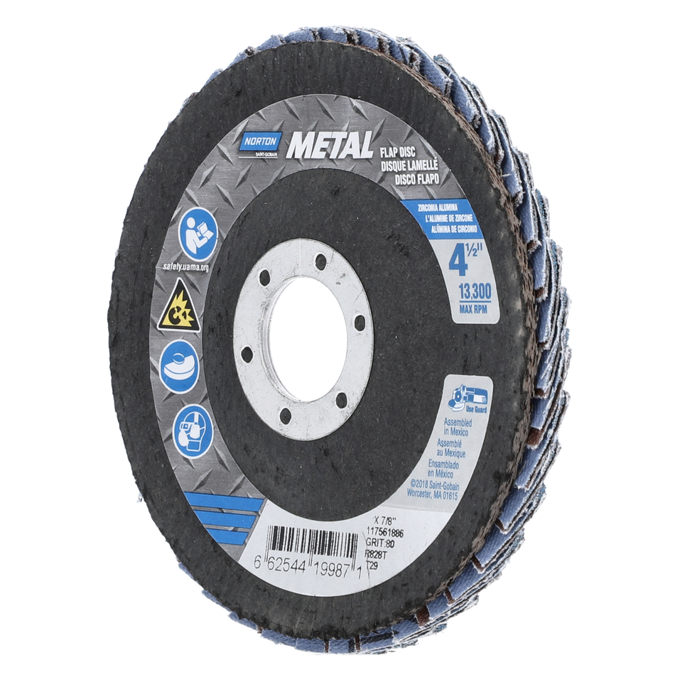 Norton Metal 4-1/2 in Metal Fiberglass Conical Flap Disc Center Mount Type 29 P80 Grit R828 Zirconia Alumina 66254419987 10 EA