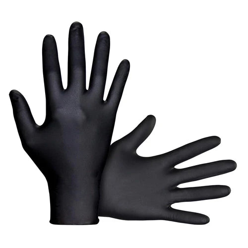 A pair of black safety gloves designed for protection in various environments, featuring a textured grip surface.