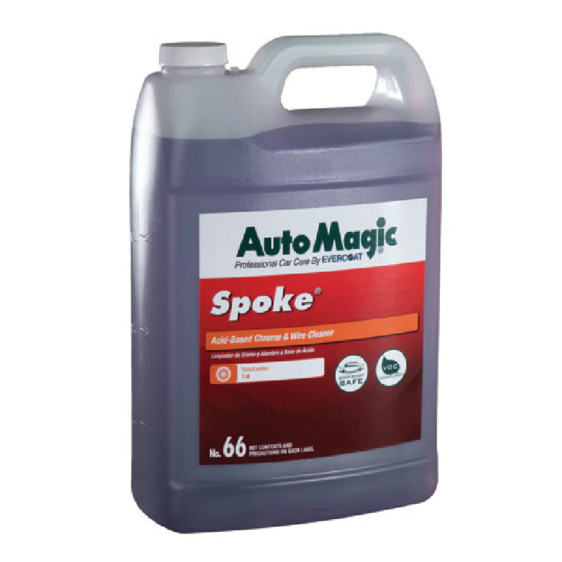 A plastic container of AutoMagic Spoke Wire Wheel Cleaner with a red and white label.