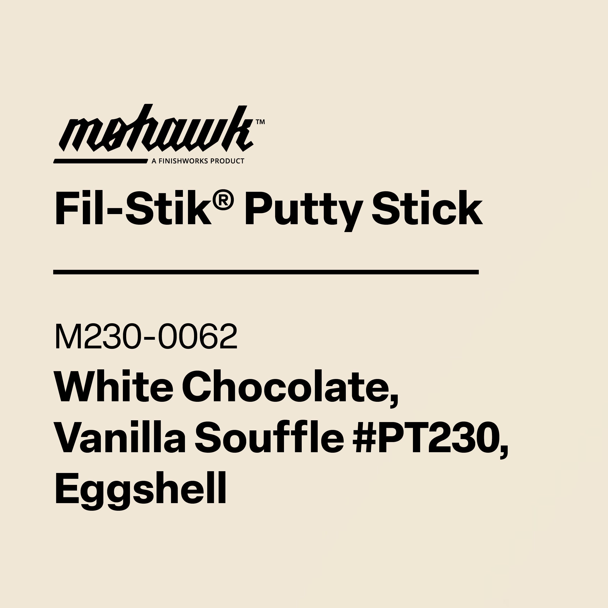 Product label for Mohawk Fil-Stik Putty Stick with color description on a beige background