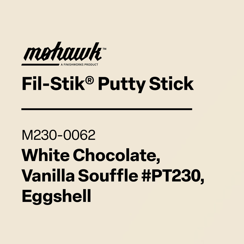 Product label for Mohawk Fil-Stik Putty Stick with color description on a beige background