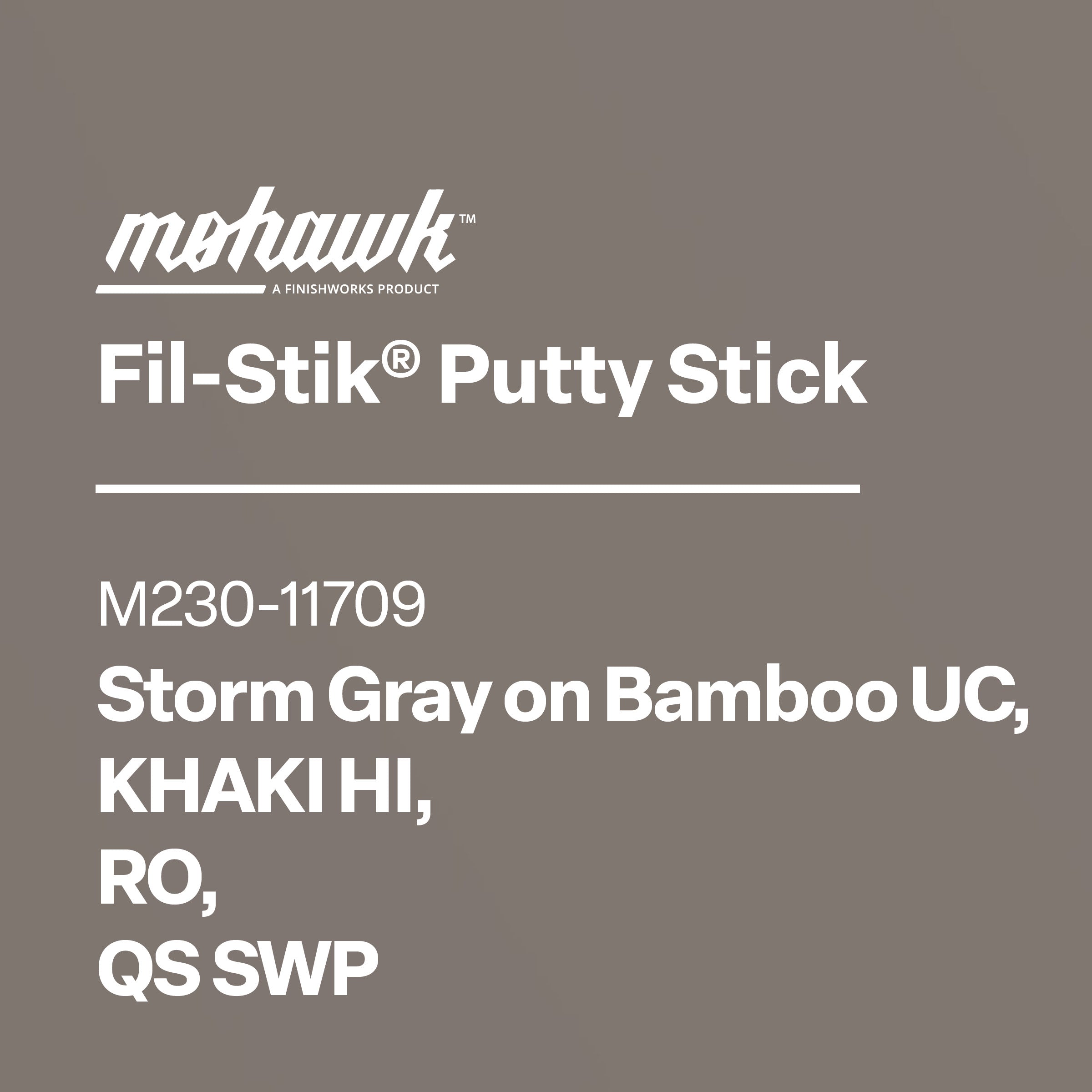 Product label for Mohawk Fil-Stik Putty Stick with color swatches on a gray background