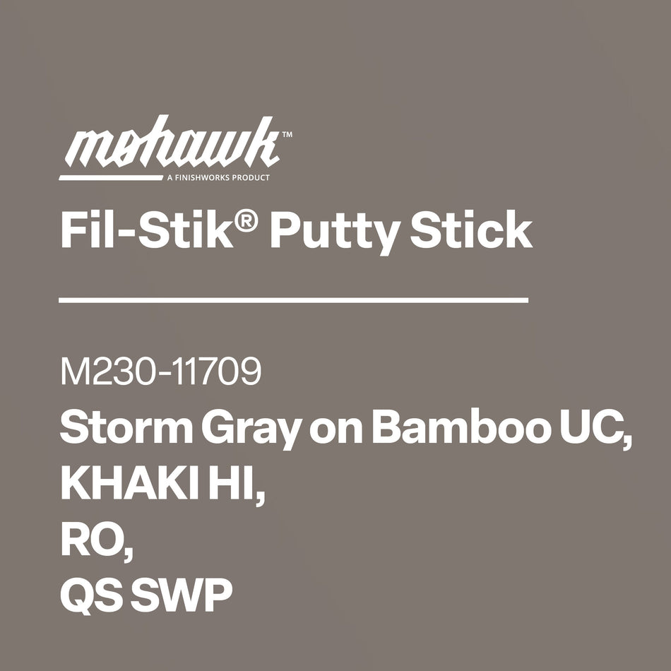 Product label for Mohawk Fil-Stik Putty Stick with color swatches on a gray background